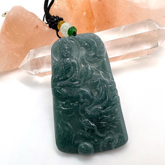 GRADE A Burmese Jadeite Jade Dragon & Kwan Yin Bodhisattva Hand Carved Pendant - Picture 7 of 12
